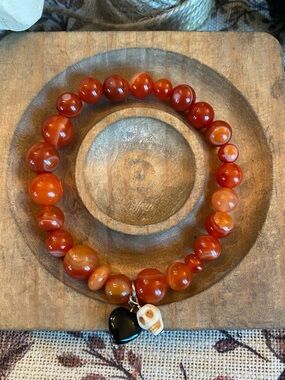 Orange Agate Beaded Stretch Bracelet with Heart & Skull Charms